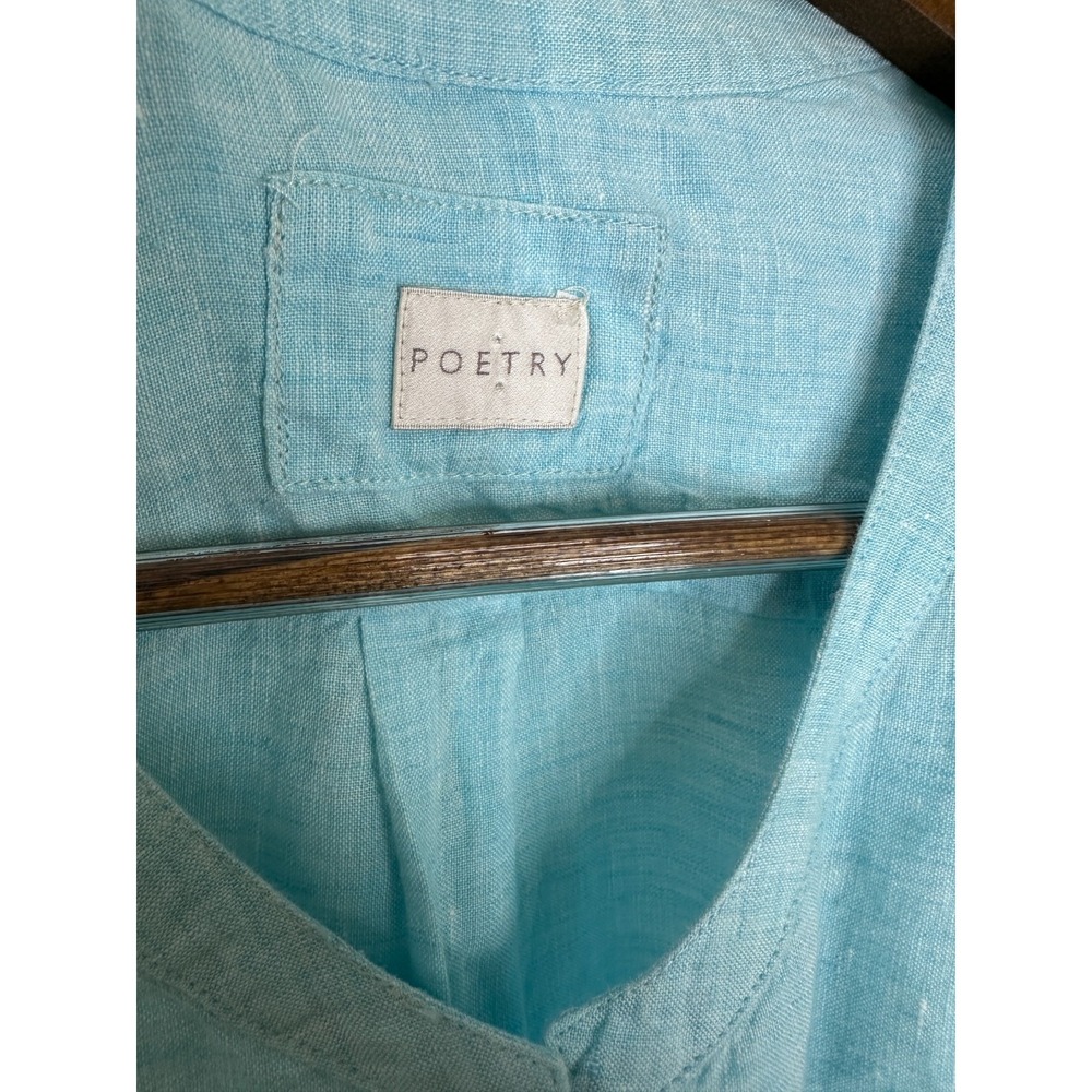 Poetry Linen Button Front Tunic Top V-Neck 3/4 Sleeve Blue Lagonlook Coastal - Picture 8 of 12